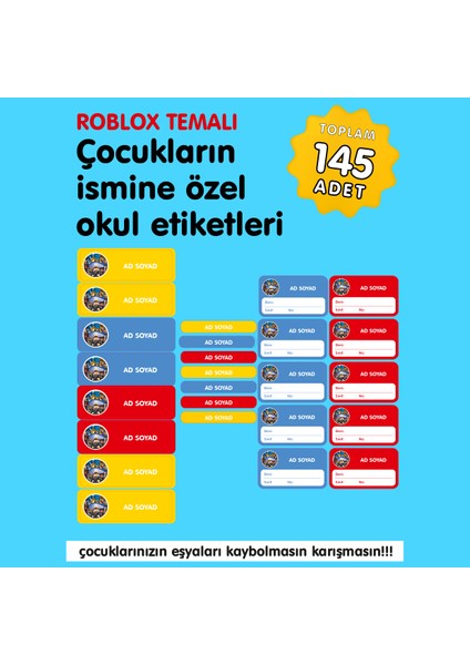 Roblox Temalı Isme Özel Okul Etiketi