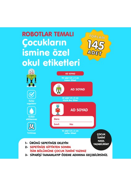Sevimli Robotlar Temalı Isme Özel Okul Etiketi