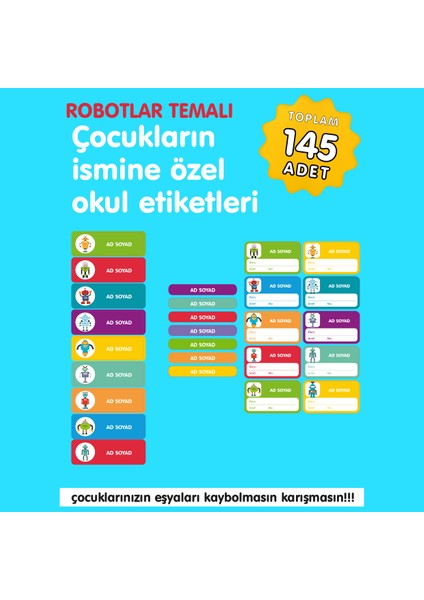 Sevimli Robotlar Temalı Isme Özel Okul Etiketi