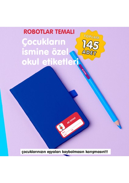 Sevimli Robotlar Temalı Isme Özel Okul Etiketi