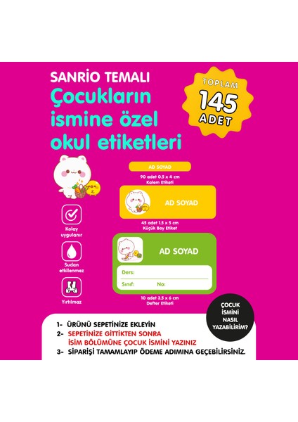 Sanrio Temalı Isme Özel Okul Etiketi