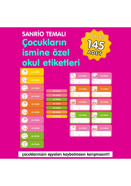 Sanrio Temalı Isme Özel Okul Etiketi