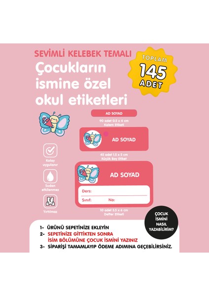 Sevimli Kelebekler Temalı Isme Özel Okul Etiketi