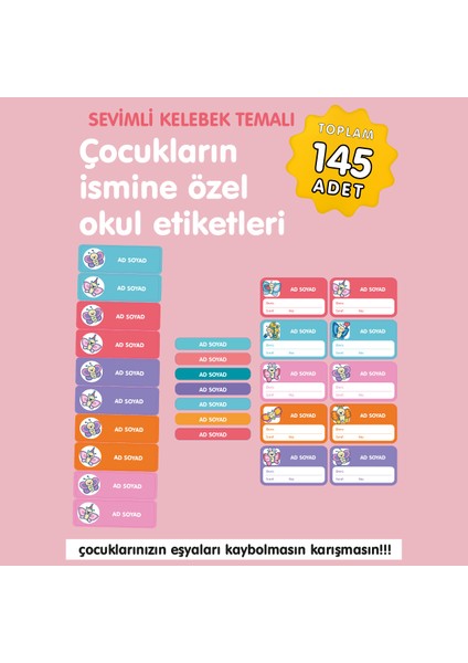 Sevimli Kelebekler Temalı Isme Özel Okul Etiketi