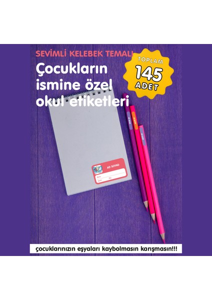 Sevimli Kelebekler Temalı Isme Özel Okul Etiketi
