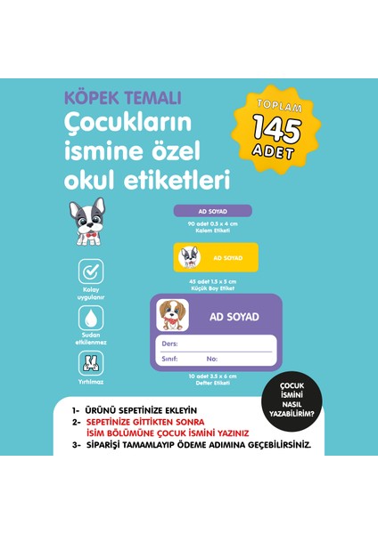 Sevimli Köpekler Temalı Isme Özel Okul Etiketi