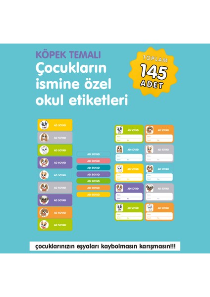 Sevimli Köpekler Temalı Isme Özel Okul Etiketi
