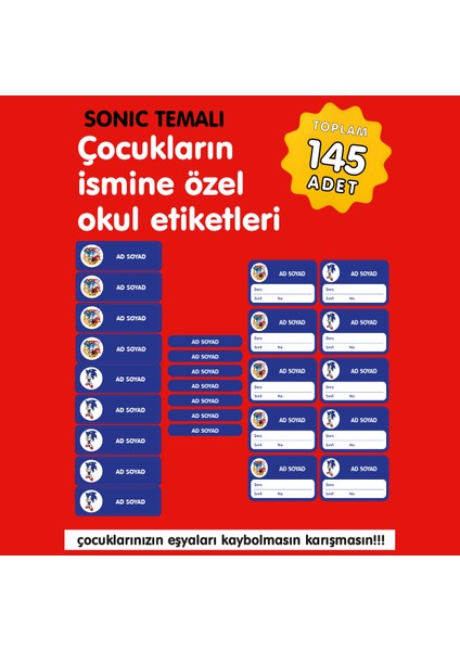 Sonic Temalı Isme Özel Okul Etiketi