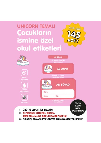 Sevimli Unicorn Temalı İsme Özel Okul Etiketi