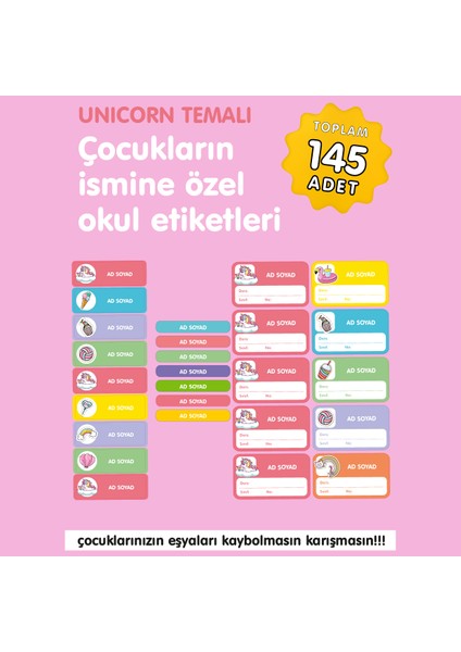 Sevimli Unicorn Temalı İsme Özel Okul Etiketi