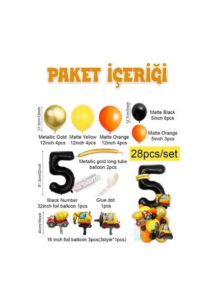 Inşaat Temalı Folyo Balon Karşılama Seti Kamyon Iş Makinası Araba Krom Balon 28LI Set fiyatları
