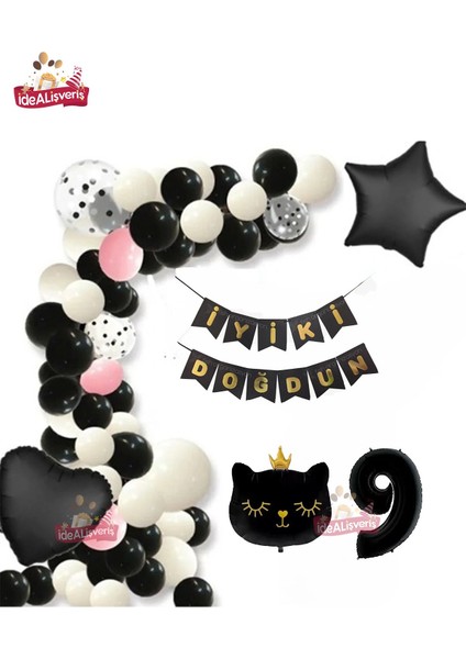 Bannerli 9 Yaş Siyah Kedi Folyolu Kalp Yıldız Siyah Beyaz Konsept Doğum Günü Seti
