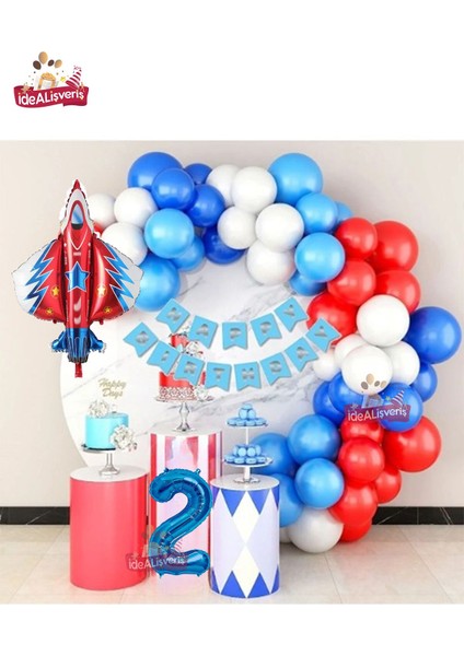 Jet Uçak Mavi 2 Yaş Folyolu Kırmızı Beyaz Mavi Balon Zincir Doğum Günü Seti