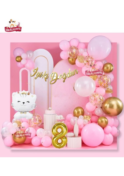 Sevimli Kedi Gold 8 Yaş Folyo Balonlu Iyi Ki Doğdun Yazılı Pembe Gold Konsept Doğum Günü Parti Seti