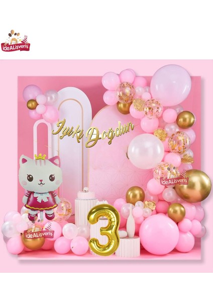 Taçlı Kedi 3 Yaş Folyo Balonlu Gold Pembe Konsept Doğum Günü Parti Seti