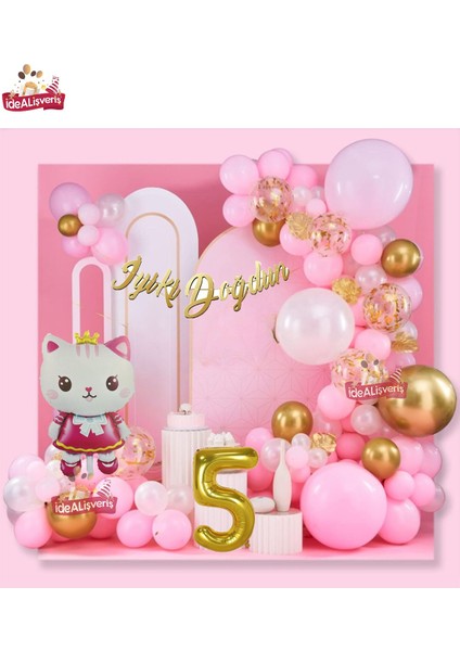Taçlı Kedi 5 Yaş Folyo Balonlu Gold Pembe Konsept Doğum Günü Parti Seti