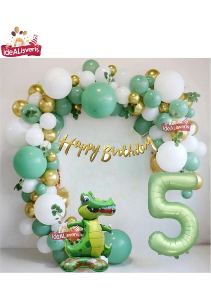 Mat Yeşil 5 Yaş Ayaklı Timsah Folyo Balon Happy Birthday Kaliğrafi Yeşil Gold Doğum Günü Parti Seti