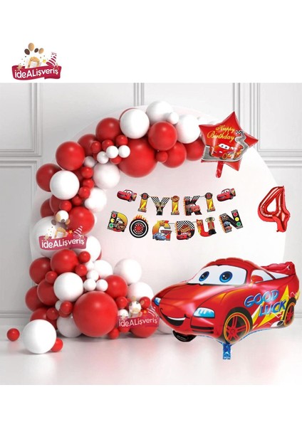 Bannerli 4 Yaş Kırmızı Araba Yıldız Folyo Balonlu Beyaz Kırmızı Konsept Doğum Günü Parti Seti