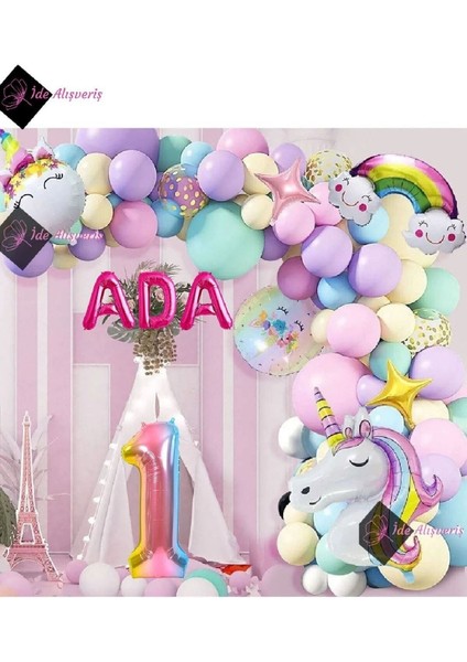 1 Yaş ve 3 Harfli Gökkuşağı Konsepti Unicorn Temalı Makaron Balon Doğum Günü Parti Kutlama Seti