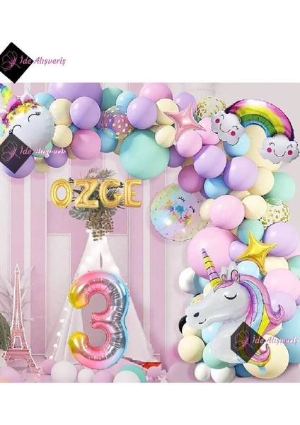 4 Harfli 3 Yaş Gökkuşağı Konsepti Unicorn Temalı Makaron Balon Doğum Günü Parti Kutlama Seti