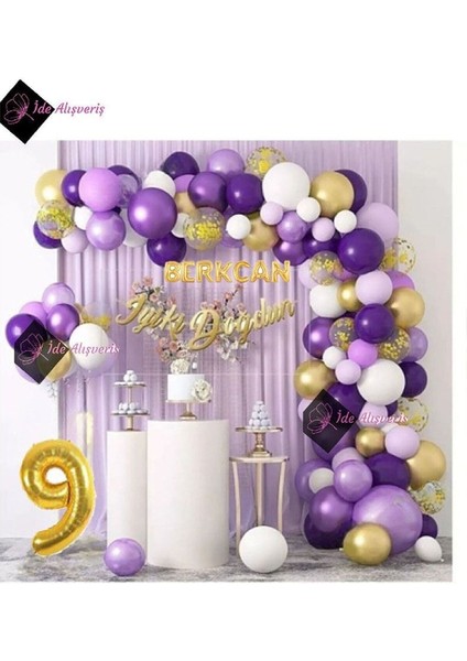 7 Harf Isimli 9 Yaş Macaron Mor Balon Zinciri Seti Gölge Mor Altın Balon Dekorasyon