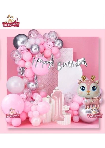 Kızlar Için Lüks Geyik Folyolu Pembe 1 Yaş Folyolu Doğun Günü Konsepti Doğum Günü Süsü Parti Seti fiyatları