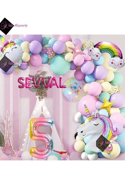 6 Harfli 5 Yaş Gökkuşağı Konsepti Unicorn Temalı Makaron Balon Doğum Günü Parti Kutlama Seti