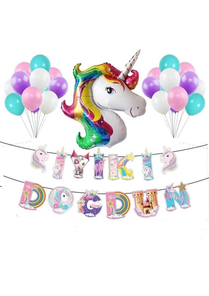 Karakter Unicorn Uzar Yazılı Doğum Günü Süsü Unicorn Balon Doğum Günü Parti Seti