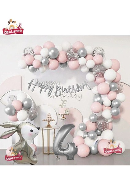Gümüş Pembe Lüks 4 Yaş Tavşan Folyo Doğum Günü Süsü Doğum Günü Parti Balon Zincir Set