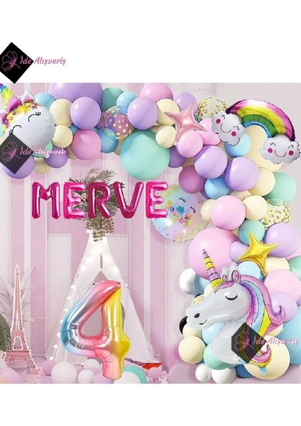 5 Harfli 4 Yaş Gökkuşağı Konsepti Unicorn Temalı Makaron Balon Doğum Günü Parti Kutlama Seti