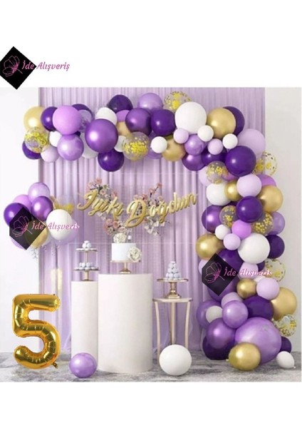 5 Yaş Macaron Mor Balon Zinciri Seti Gölge Mor Altın Balon Dekorasyon