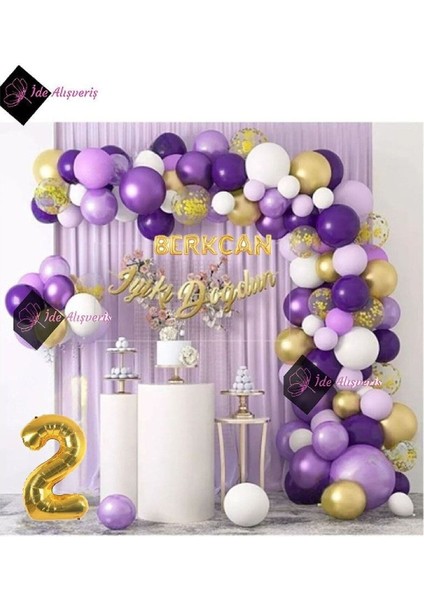 8 Harf Isimli 2 Yaş Macaron Mor Balon Zinciri Seti Gölge Mor Altın Balon Dekorasyon