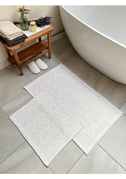 Raya Damask Doğal Pamuklu 2'li Banyo Paspas Seti 60X100+50X60 cm - Beyaz