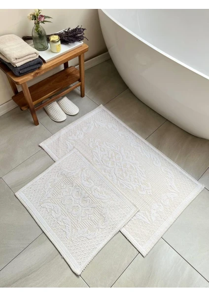 Raya Damask  Doğal Pamuklu 2'li Banyo Paspas Seti 60X100+50X60 cm - Beyaz