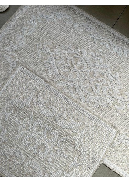 Raya Damask Doğal Pamuklu 2'li Banyo Paspas Seti 60X100+50X60 cm - Beyaz