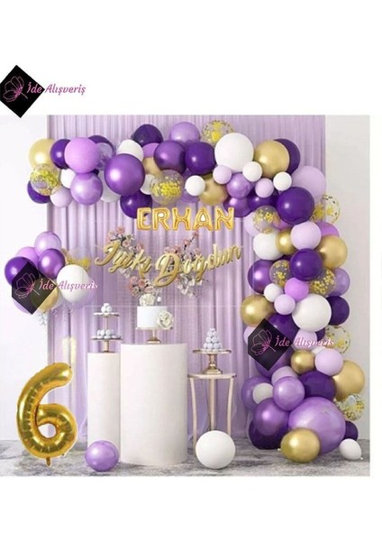 5 Harf Isimli 6 Yaş Macaron Mor Balon Zinciri Seti Gölge Mor Altın Balon Dekorasyon