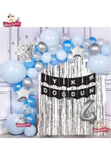 Gümüş Mavi Konseptli Yıldızlı Kral Taçlı 4 Yaş Balon Zinciri Doğum Günü Seti Iyi Ki Doğdun fiyatları