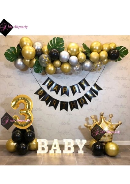 Kral Taçlı 3 Yaş Gold Zincir Balon Doğum Günü Seti fiyatları