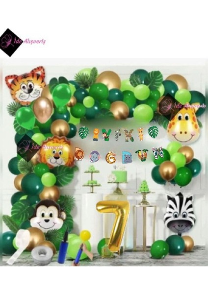 7 Yaş Iyi Ki Doğdun Uzar Yazı Safari Temalı Folyo Lüks Zincir Balon Seti
