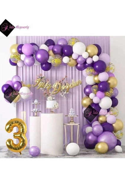 3 Yaş Macaron Mor Balon Zinciri Seti Gölge Mor Altın Balon Dekorasyon