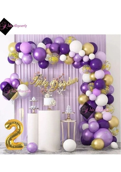 2 Yaş Macaron Mor Balon Zinciri Seti Gölge Mor Altın Balon Dekorasyon