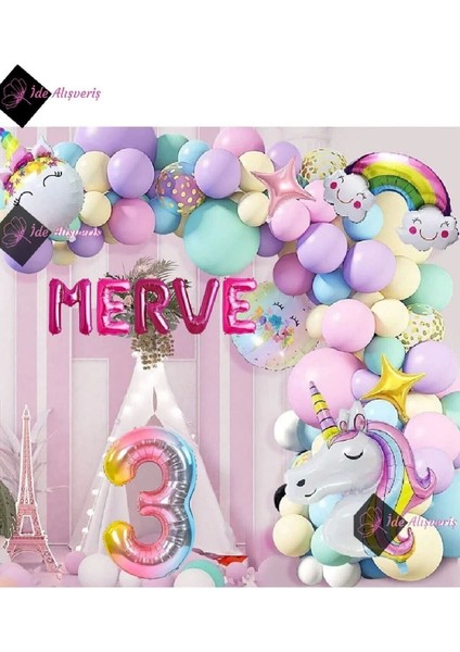 5 Harfli 3 Yaş Gökkuşağı Konsepti Unicorn Temalı Makaron Balon Doğum Günü Parti Kutlama Seti