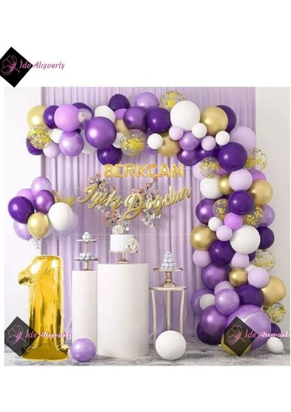 8 Harf Isimli 1 Yaş Macaron Mor Balon Zinciri Seti Gölge Mor Altın Balon Dekorasyon