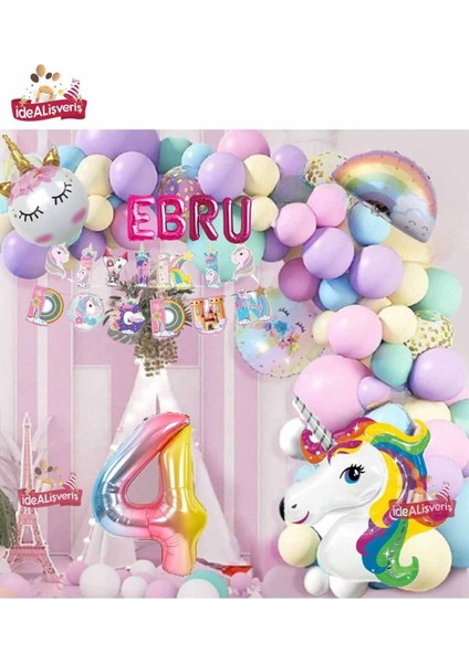 4 Harfli 4 Yaş Unicorn Temalı Iyi Ki Doğdun Makaron Balon Doğum Günü Parti Kutlama Seti Süsü