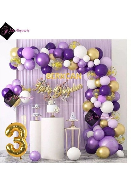 8 Harf Isimli 3 Yaş Macaron Mor Balon Zinciri Seti Gölge Mor Altın Balon Dekorasyon