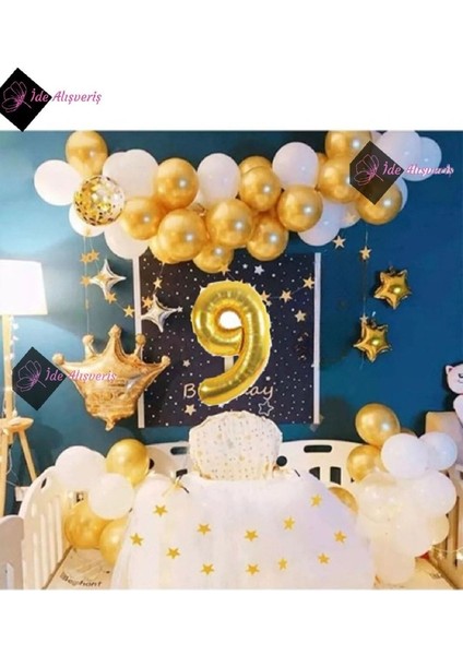 Kral Taçlı -9 Yaş Gold Zincir Balon Doğum Günü Seti