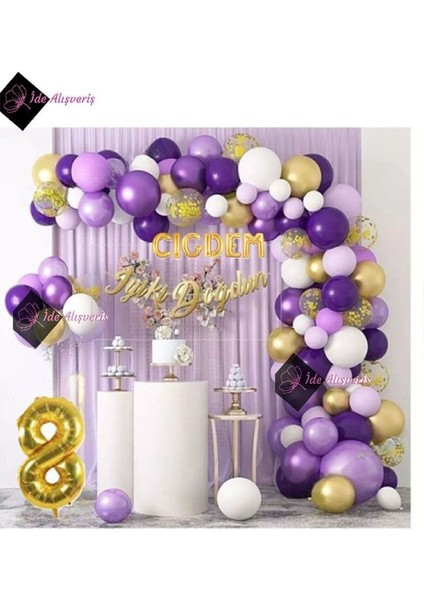 6 Harf Isimli 8 Yaş Macaron Mor Balon Zinciri Seti Gölge Mor Altın Balon Dekorasyon