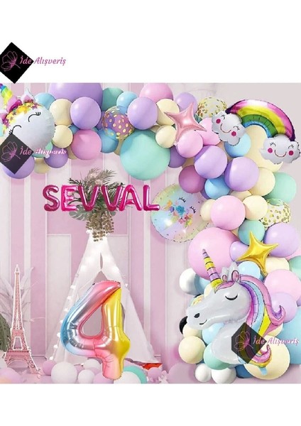 6 Harfli 4 Yaş Gökkuşağı Konsepti Unicorn Temalı Makaron Balon Doğum Günü Parti Kutlama Seti