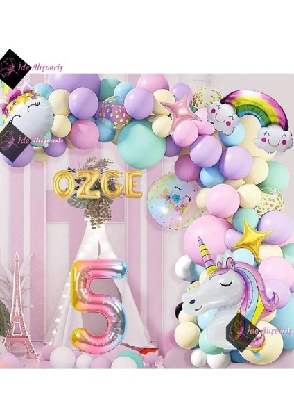 4 Harfli 5 Yaş Gökkuşağı Konsepti Unicorn Temalı Makaron Balon Doğum Günü Parti Kutlama Seti