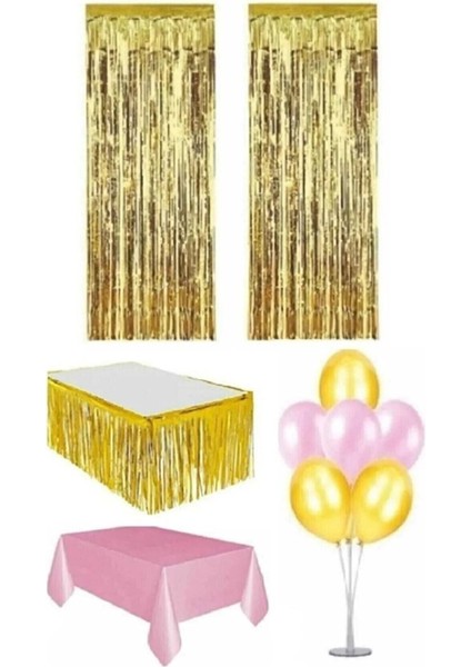 Gold Renk Metalize Perde Metalize Masa Eteği Plastik Masa Örtüsü 7 Balon Standı Seti
